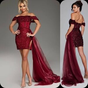 Jovani Burgundy Off-Shoulder Mini Dress